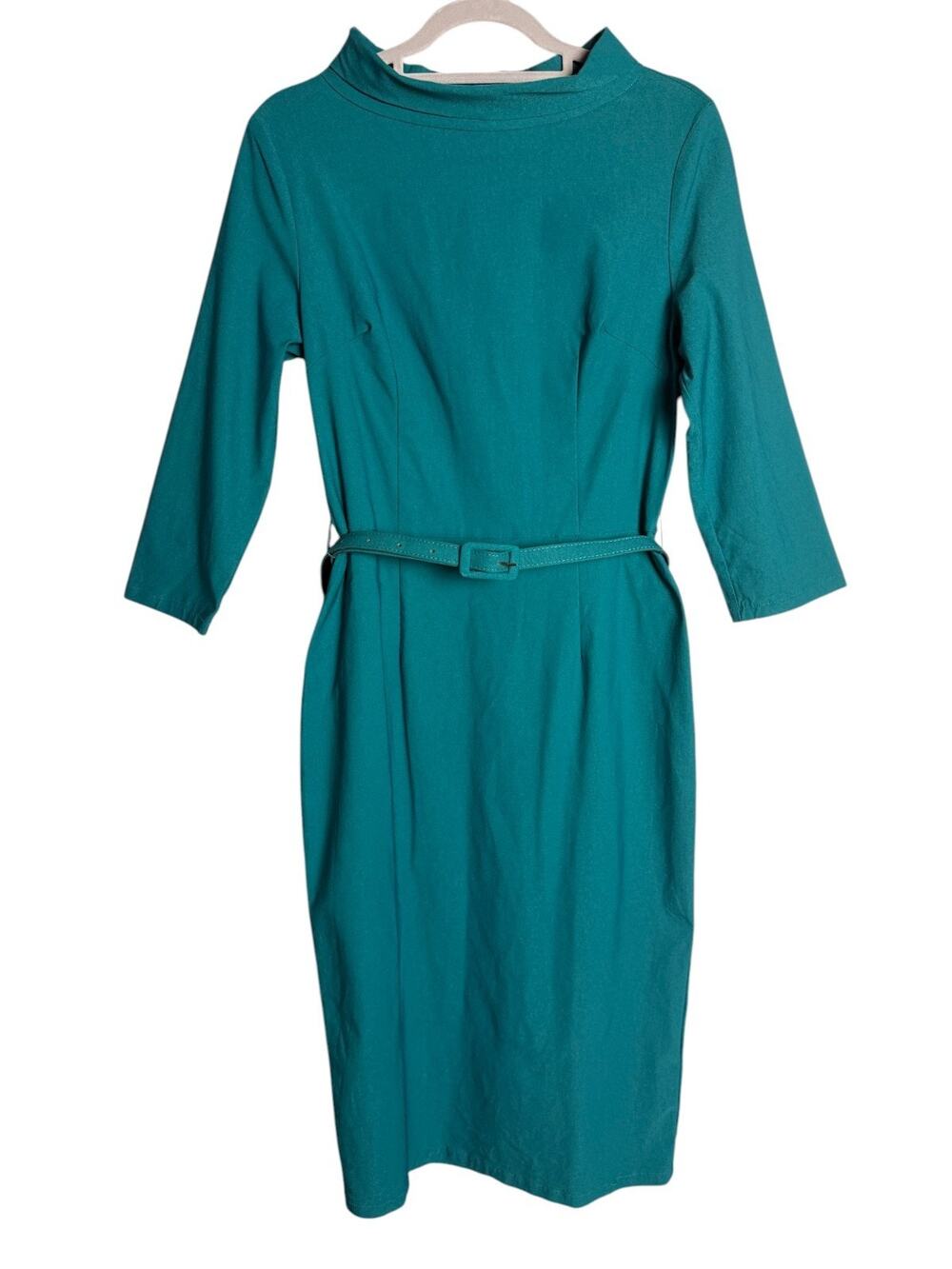 MUXXN Women's Large Teal Green Belted Sheath Dress Mock Neck Vintage Retro